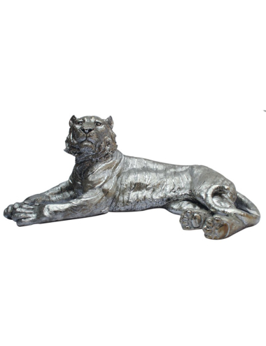 Sculpture tigre argenté couché grand format