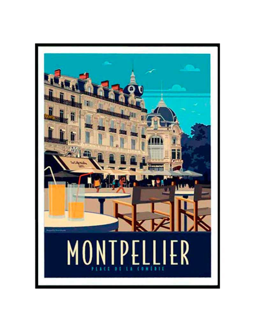 "Montpellier, place de la comédie", Travel poster Cadre alu noir Nielsen