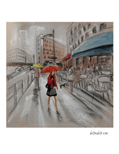 Tableau femme au parapluie rouge – scène de rue rétro 60x60