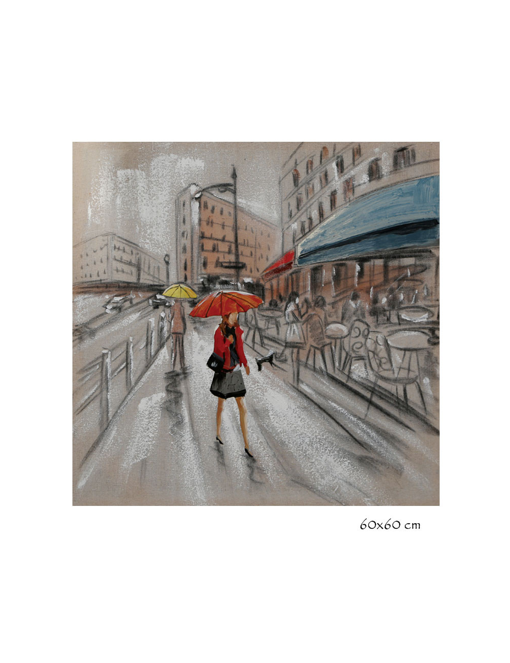 Tableau femme au parapluie rouge – scène de rue rétro 60x60