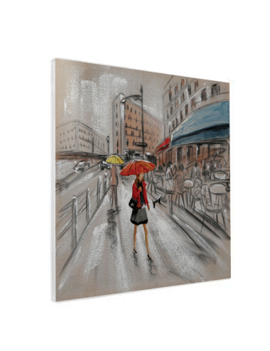 Tableau femme au parapluie rouge – scène de rue rétro 60x60