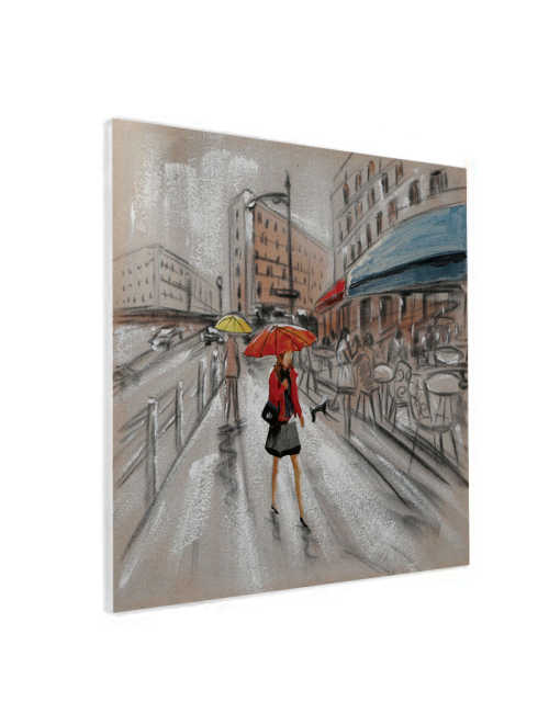 Tableau femme au parapluie rouge – scène de rue rétro 60x60