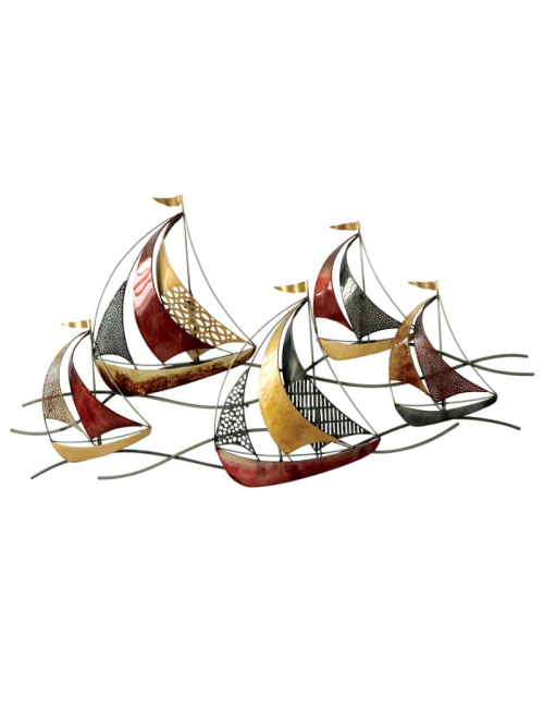 Sculpture murale voiliers métal rouge et or – décoration murale marine