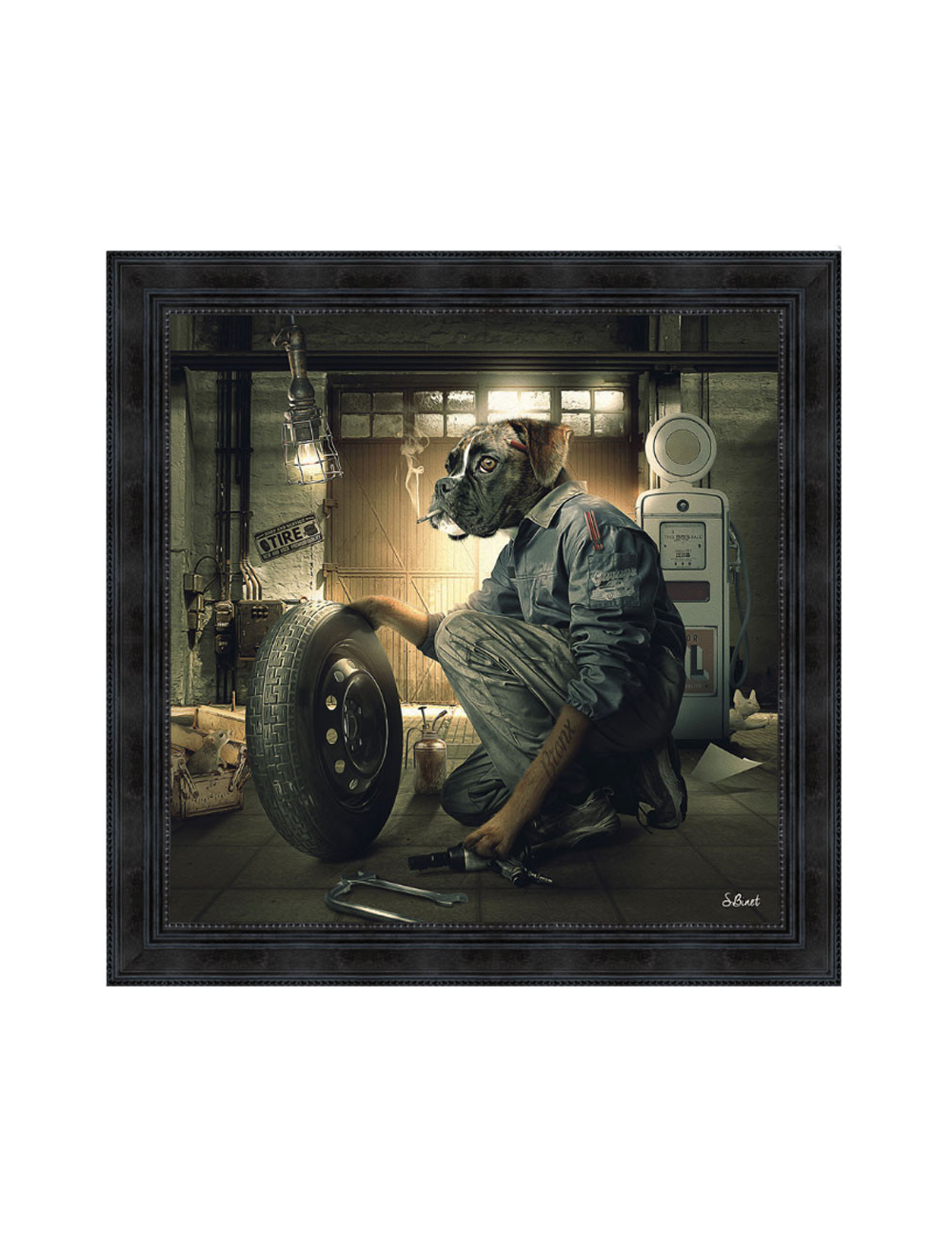 " Garage Vintage,chien Boxer", de Sylvain BINET, tableau design 40x40 " Garage Vintage,chien Boxer", de Sylvain BINET, tableau design 40x40