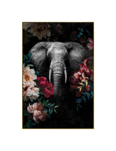 Tableau éléphant fleuri rétro – toile encadrée 80x120 cm