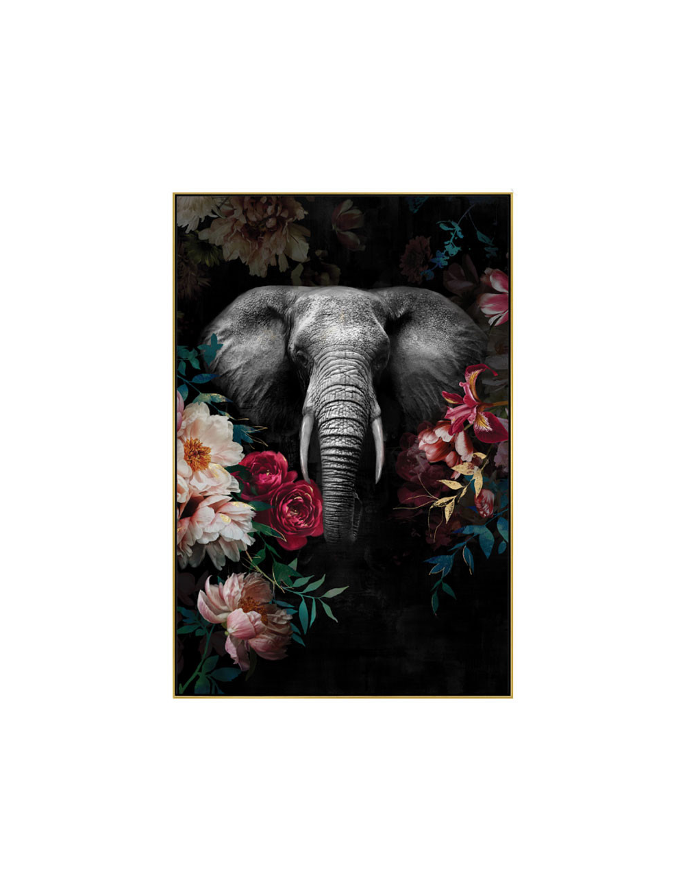 Tableau éléphant fleuri rétro – toile encadrée 80x120 cm