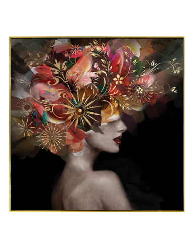 Tableau femme florale dorée 80x80 encadré élégant