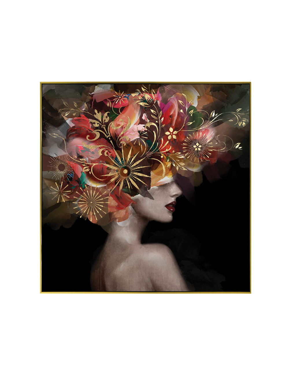 Tableau femme florale dorée 80x80 encadré élégant