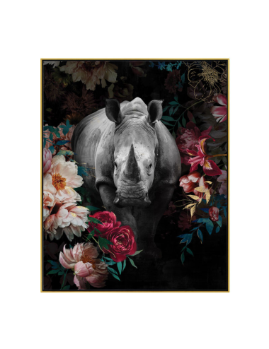 Tableau rhinocéros fleuri rétro – toile encadrée 40x50 cm