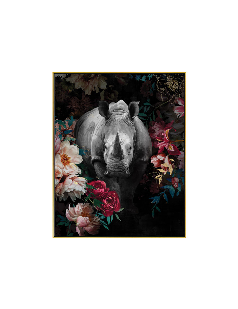 Tableau rhinocéros fleuri rétro – toile encadrée 40x50 cm