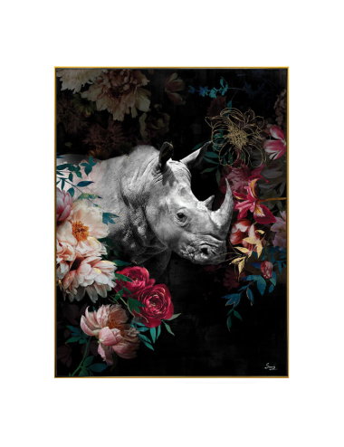 Tableau rhinocéros fleuri rétro – toile encadrée 60x80 cm