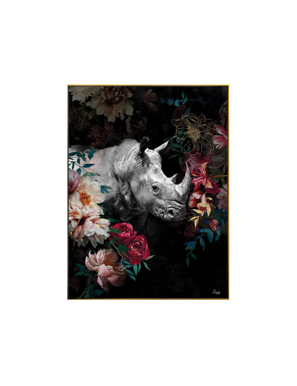 Tableau rhinocéros fleuri rétro – toile encadrée 60x80 cm