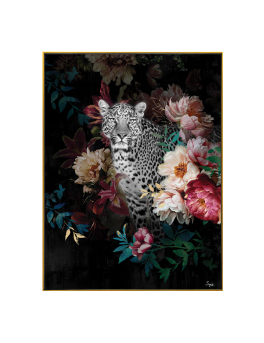 Tableau léopard fleuri rétro – toile encadrée 60x80 cm