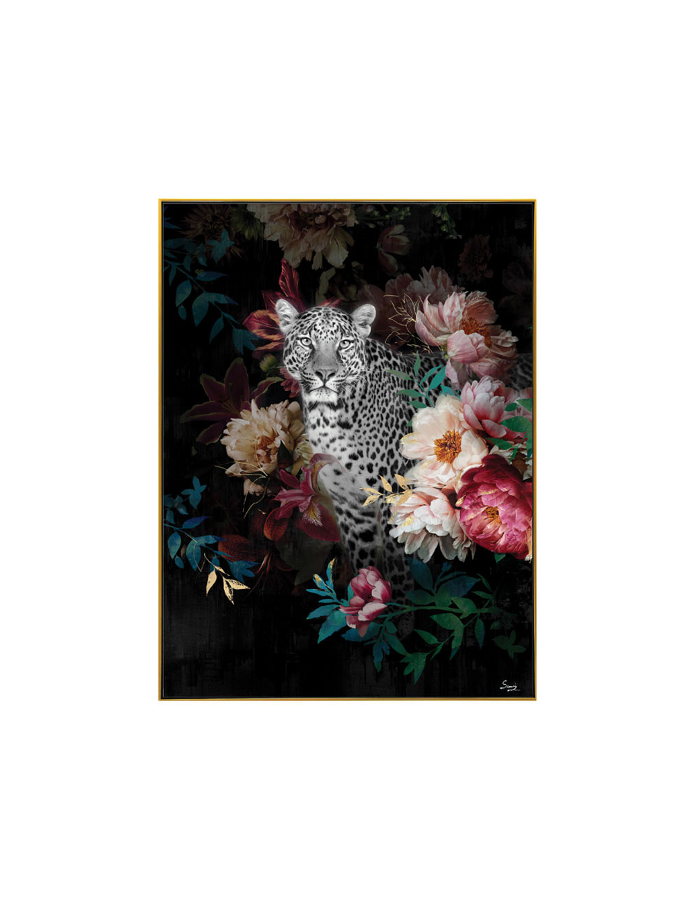 Tableau léopard fleuri rétro – toile encadrée 60x80 cm