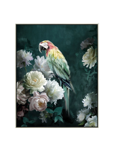 Tableau perroquet pastel rétro – fleurs blanches 40x50 cm