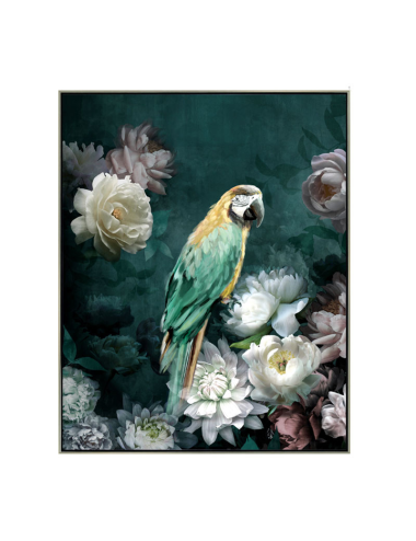Tableau perroquet vert rétro – fleurs blanches 40x50 cm