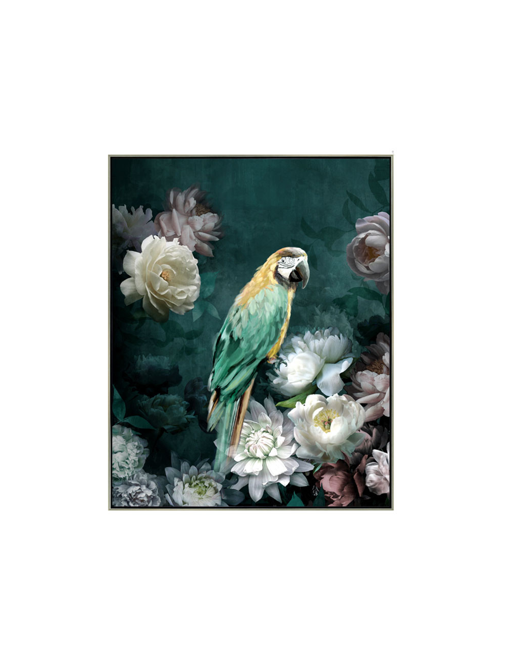 Tableau perroquet vert rétro – fleurs blanches 40x50 cm