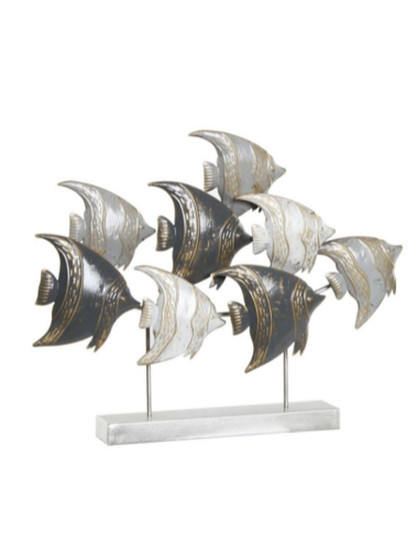 Sculpture métal banc de poissons gris et blancs 56×46 cm