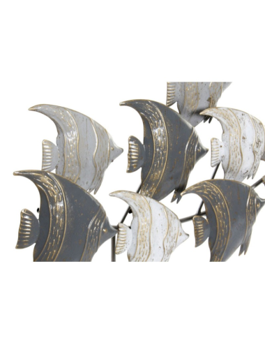 Sculpture métal banc de poissons gris et blancs 56×46 cm