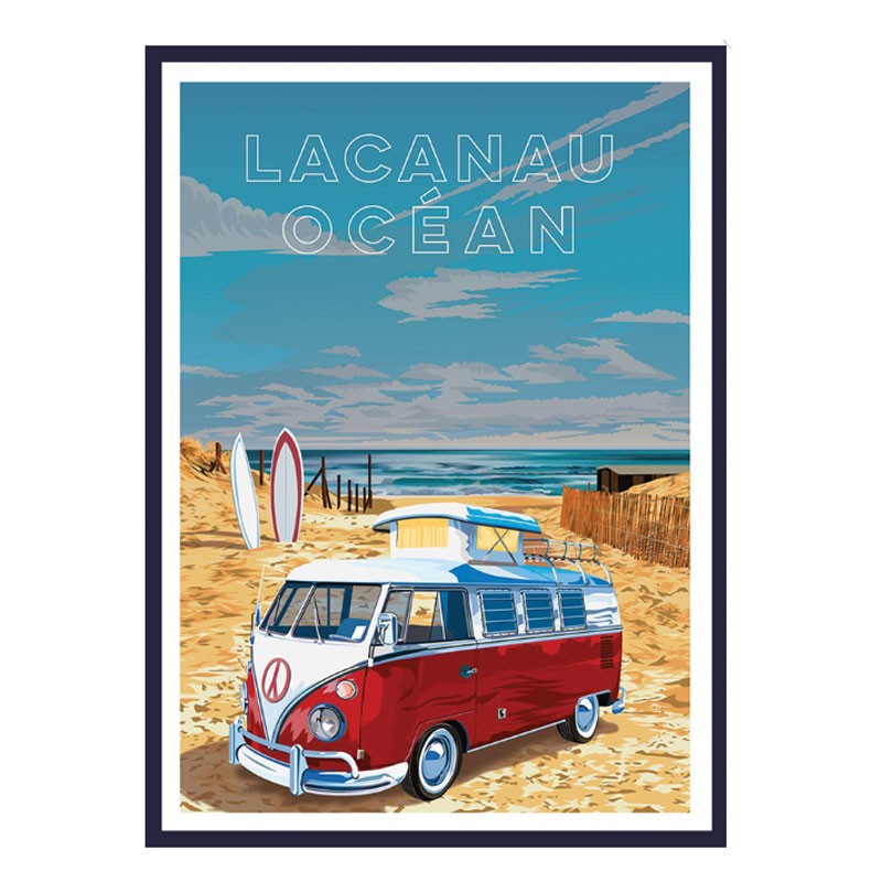 Affiche vintage encadrée d'un van rouge au bord de la plage de Lacanau