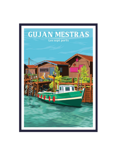Affiche Gujan-Mestras encadrée ports cabanes vintage