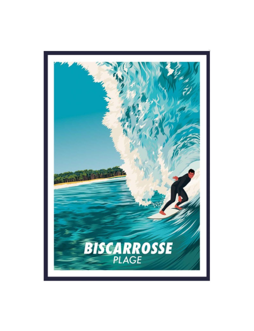 Affiche Biscarrosse Plage surf encadrée vintage