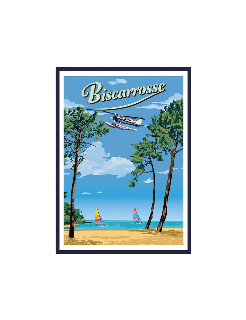 Affiche Biscarrosse vintage lac pins voiliers encadrée