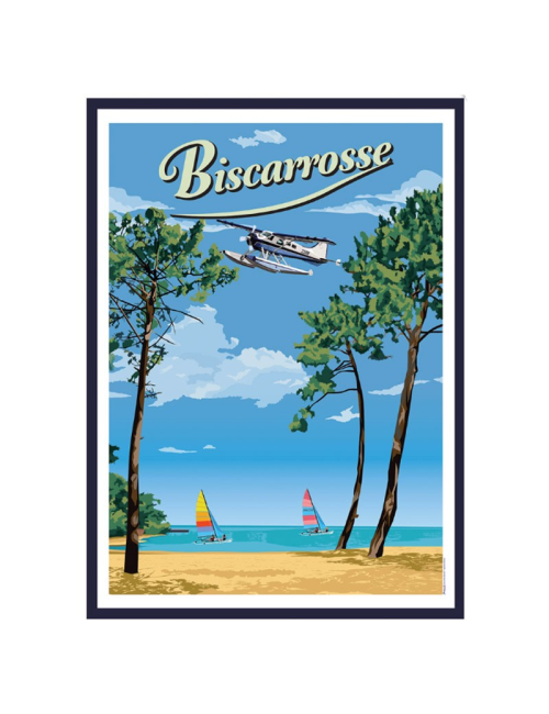 Affiche Biscarrosse vintage lac pins voiliers encadrée