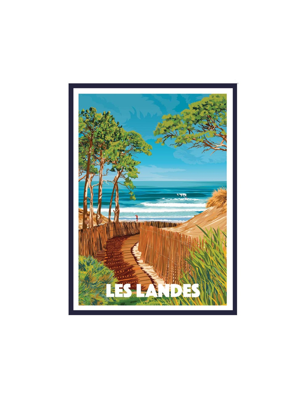 Affiche Les Landes encadrée plage forêt vintage