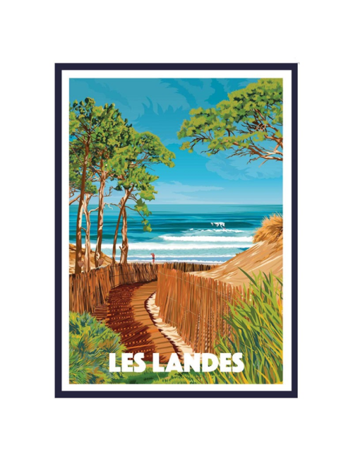 Affiche Les Landes encadrée plage forêt vintage