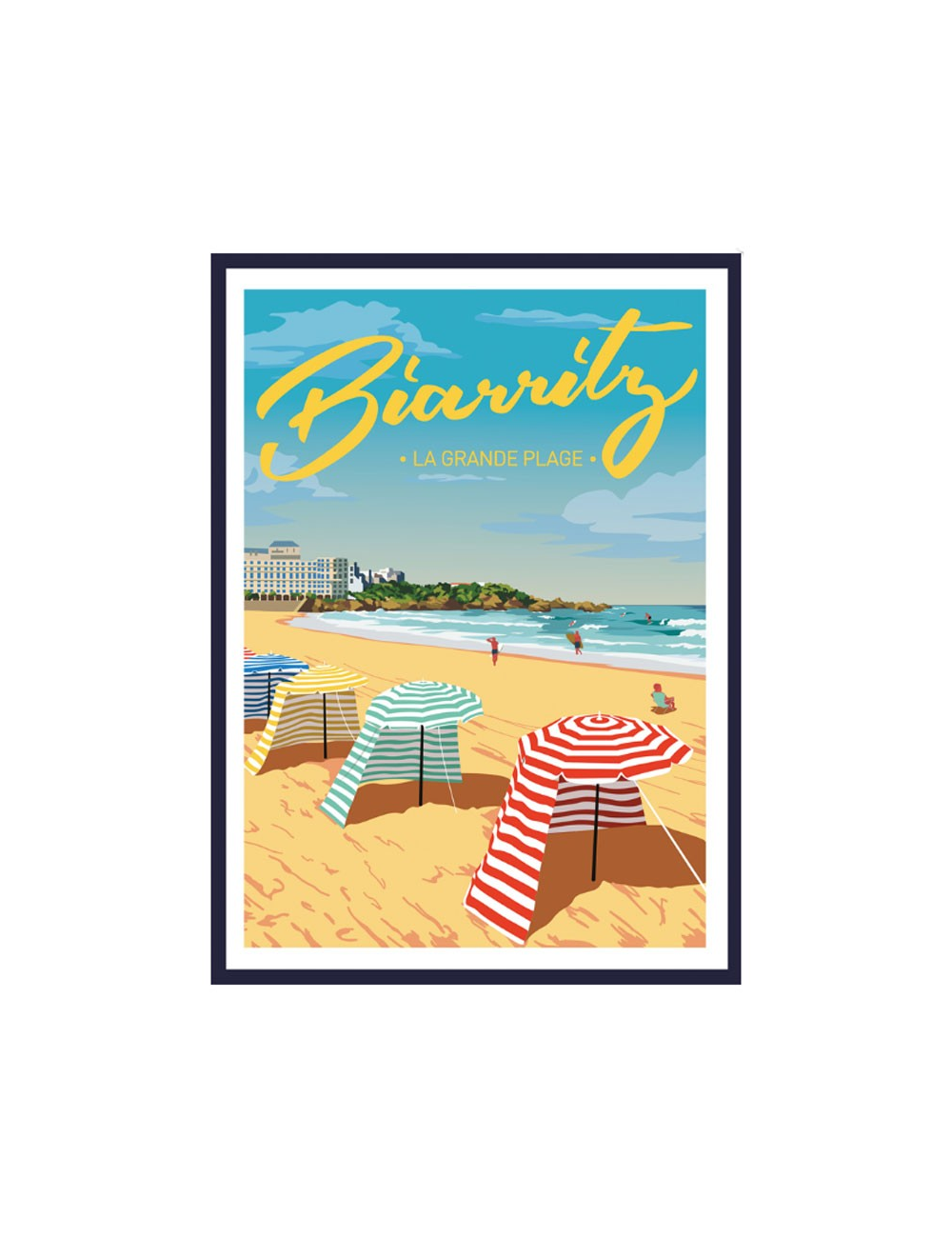 Affiche Biarritz encadrée plage parasols vintage