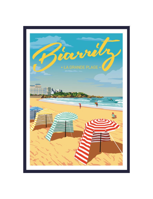 Affiche Biarritz encadrée plage parasols vintage