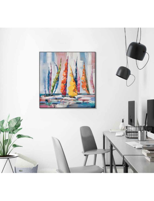 Tableau voiliers colorés – toile 80x80 encadrée