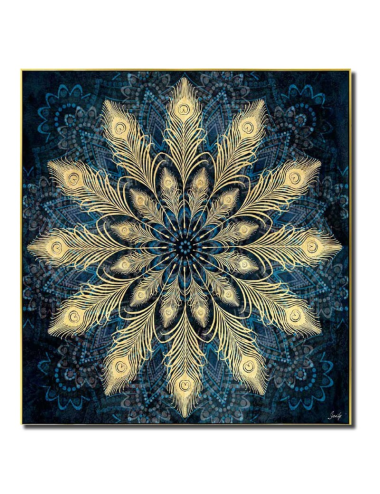 Tableau mandala doré – toile 80x80 fond bleu paon