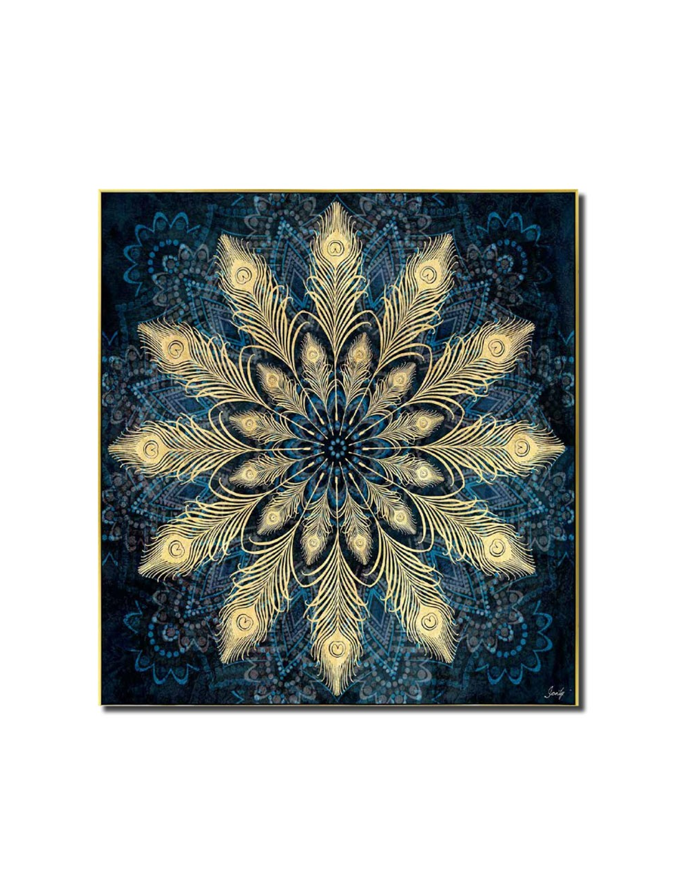 Tableau mandala doré – toile 80x80 fond bleu paon