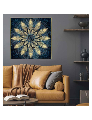 Tableau mandala doré – toile 80x80 fond bleu paon