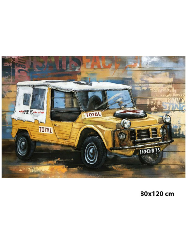 Tableau Méhari jaune métal sur fond bois 80x120