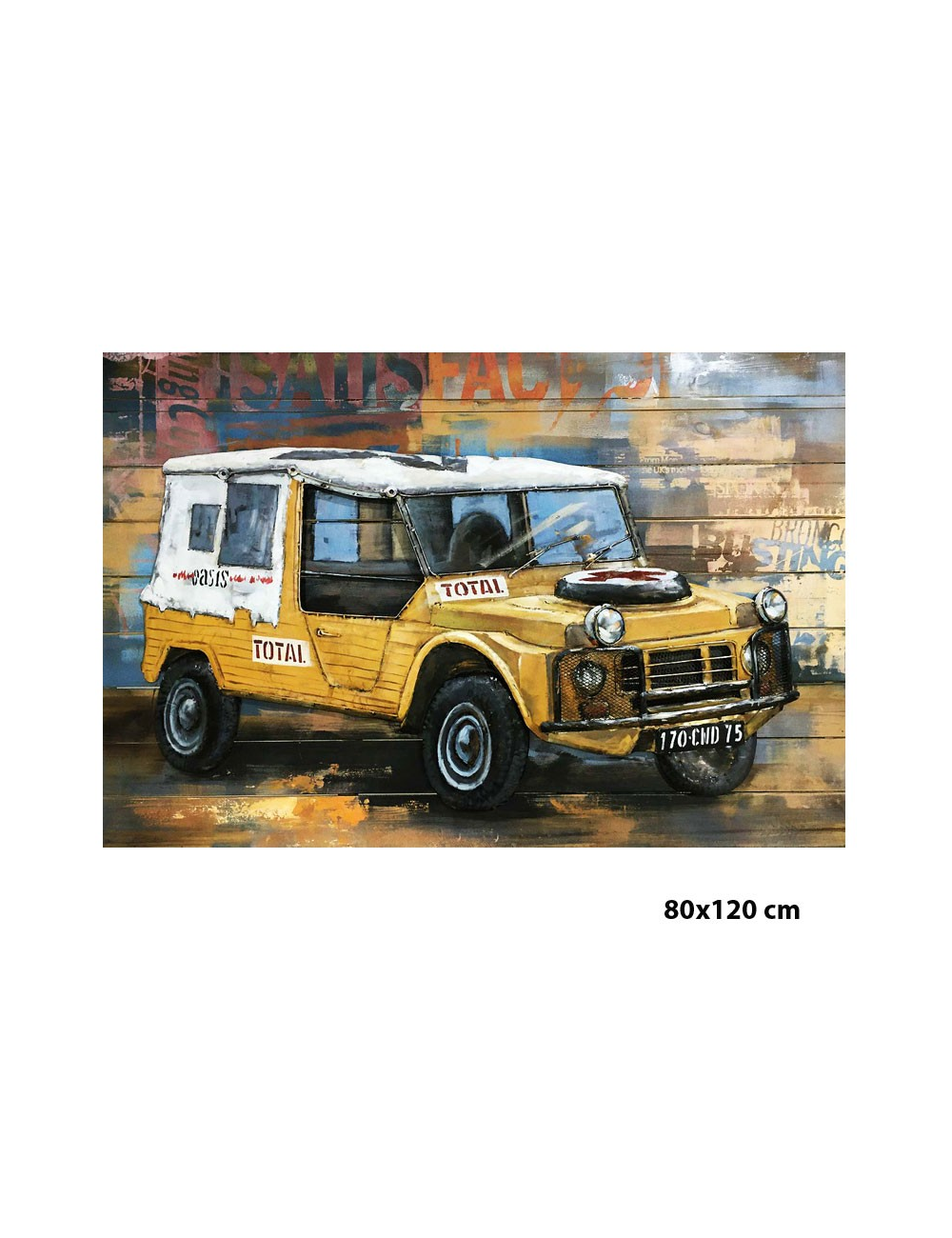 Tableau Méhari jaune métal sur fond bois 80x120