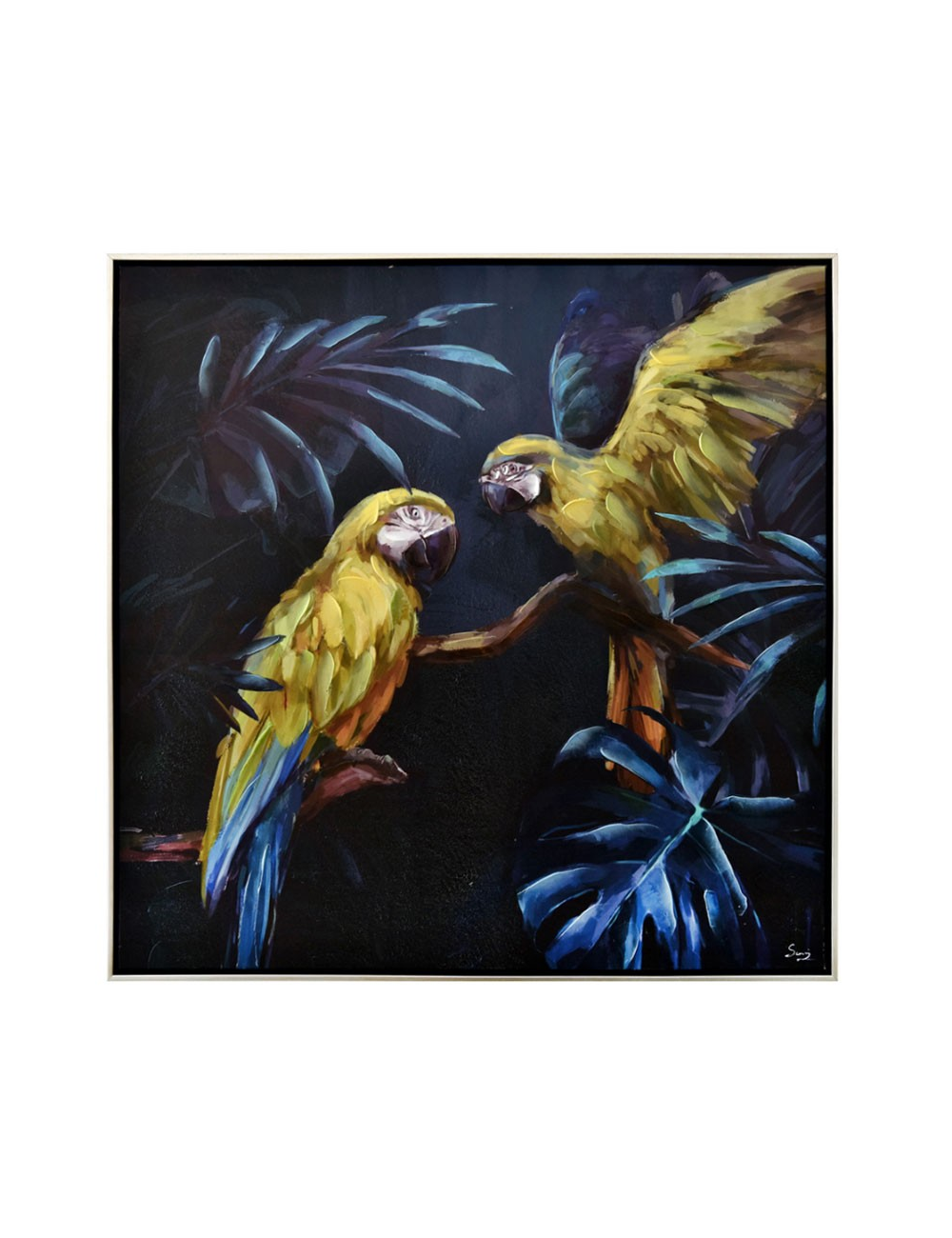 Tableau perroquets jaunes rétro – jungle tropicale 80x80 cm