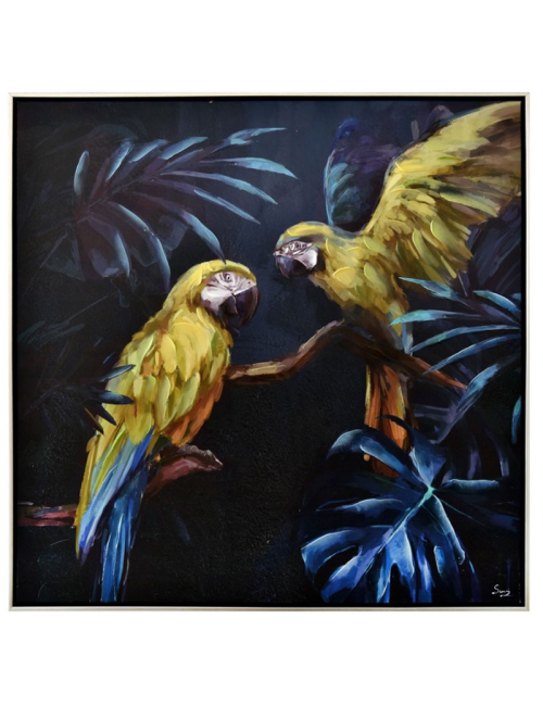 Tableau perroquets jaunes rétro – jungle tropicale 80x80 cm
