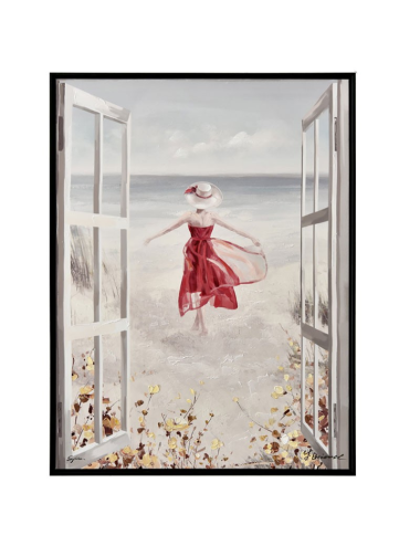Tableau femme en robe rouge face à la mer – 60x80 cm