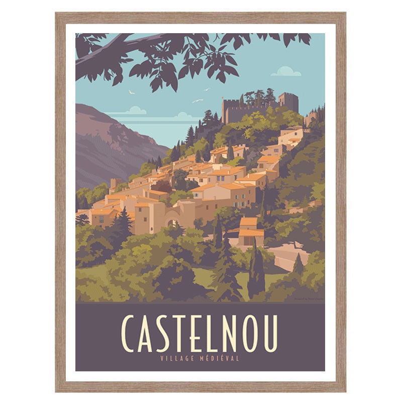 Affiche vintage village de CASTELNOU, image travel poster 50x70 bois