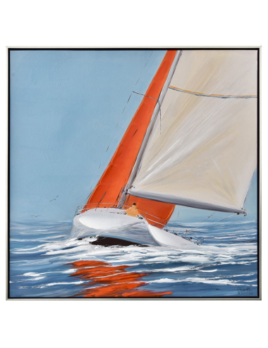 Tableau voilier rouge 80x80 – toile marine encadrée