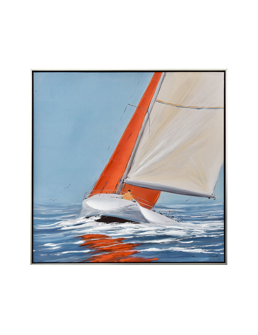 Tableau voilier rouge 80x80 – toile marine encadrée