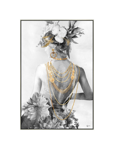 Tableau femme dos fleuri et bijoux dorés – 80x120 cm