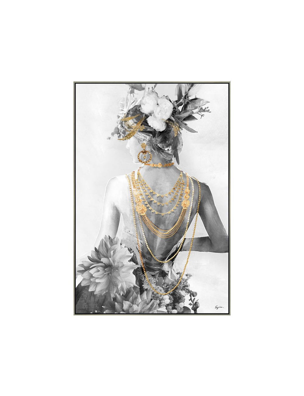 Tableau femme dos fleuri et bijoux dorés – 80x120 cm