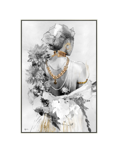 Tableau femme florale et perles dorées – toile 80x120 cm