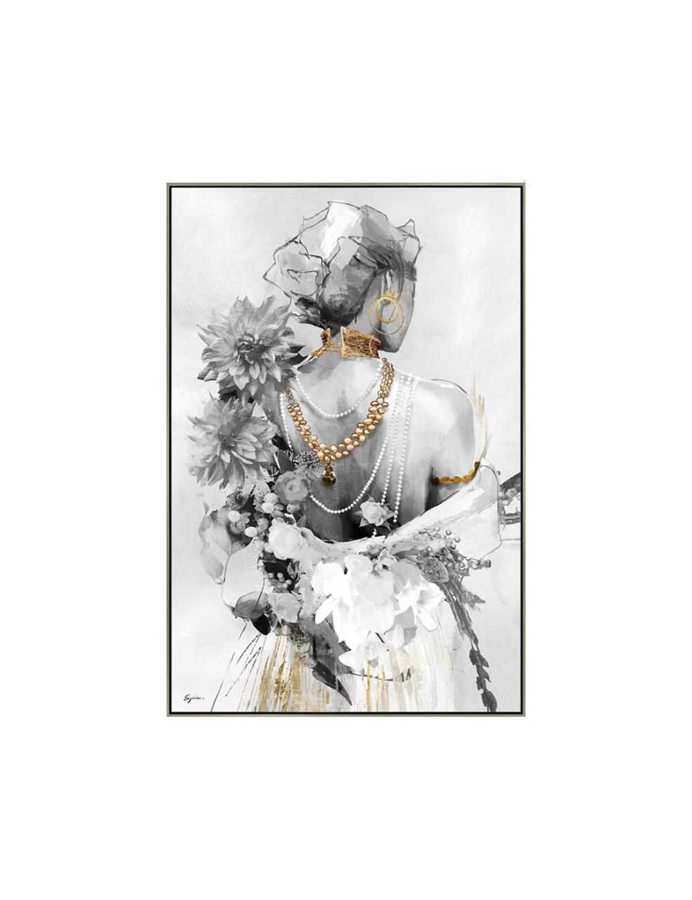 Tableau femme florale et perles dorées – toile 80x120 cm