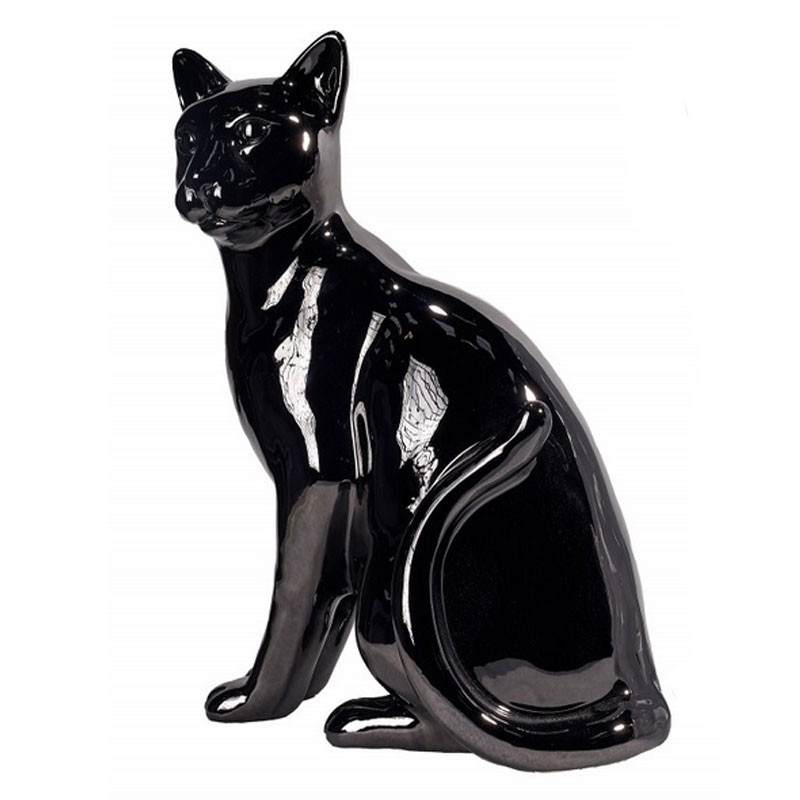 Chat assis noir brillant, statue sculpture décorative design