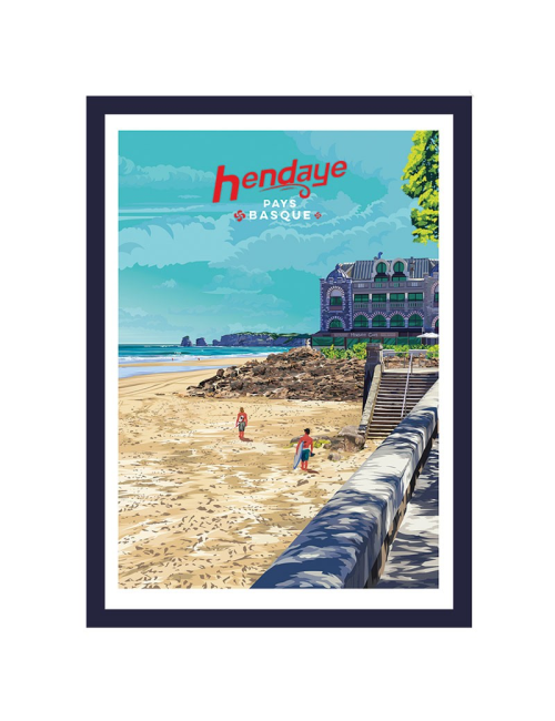 Affiche Hendaye plage vintage Pays Basque encadrée
